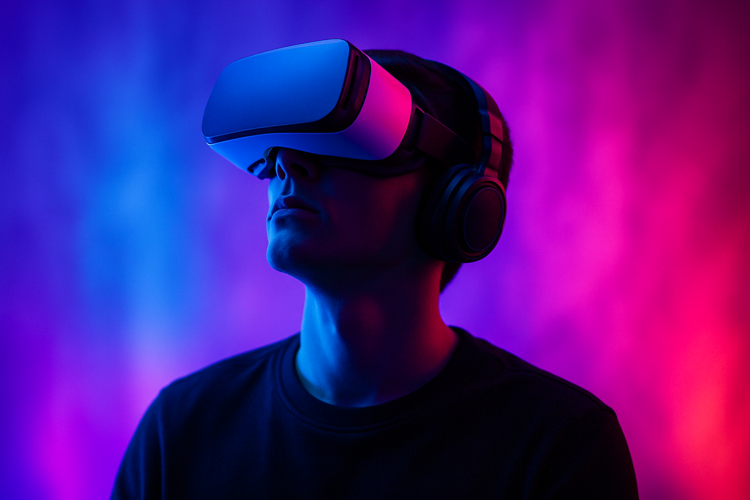 Une personne portant un casque VR, immergée dans un film qui ne semble plus être surpris