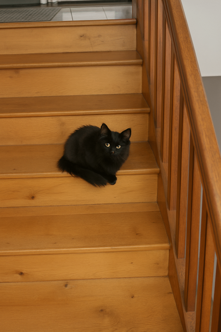 Un chaton noir dans les escaliers en bois qui découvre sa nouvelle demeure