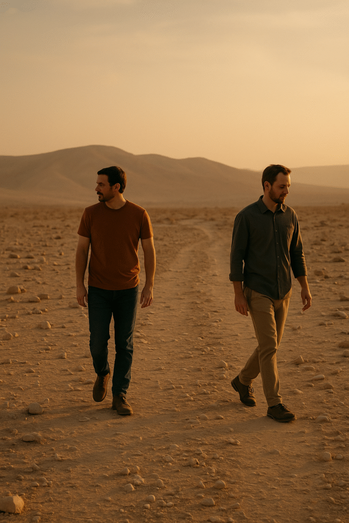 Deux amis marchent dans un désert brûlant. Leurs chemins s’écartent, comme leurs intentions.