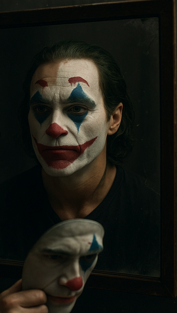 Un acteur contemple son reflet grimé, partagé entre l’homme et le personnage.