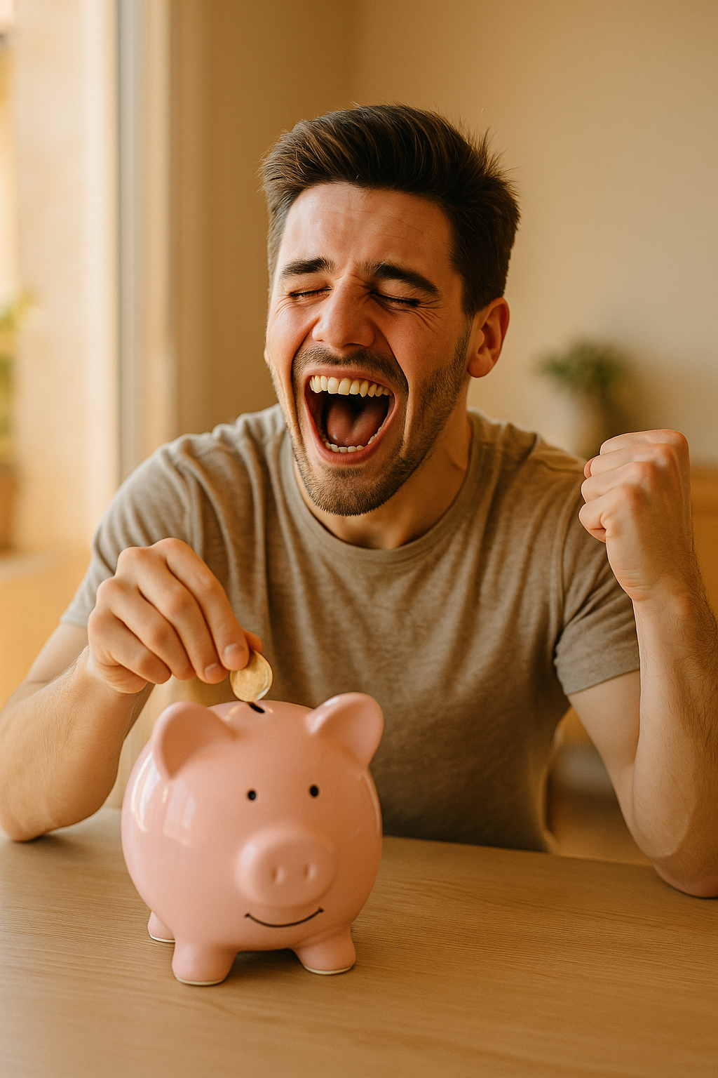 Un jeune homme sourit en glissant une pièce dans une tirelire rose