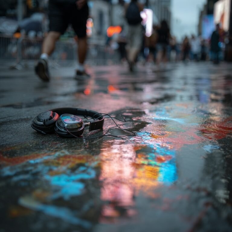 casque audio abandonné sur un sol mouillé, en pleine rue urbaine