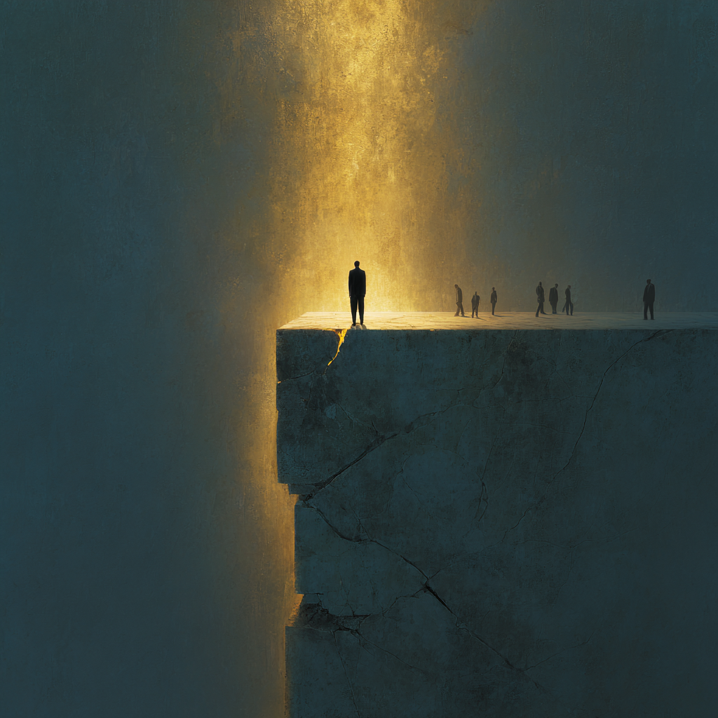 Un homme debout sur un piédestal, baigné d’une lumière dorée aveuglante, le visage qui se fissure comme de la pierre, les gens autour disparaissant dans l’ombre — métaphore du pouvoir qui révèle le vide intérieur — clair-obscur, composition cinématographique, tons or et bleu froid.