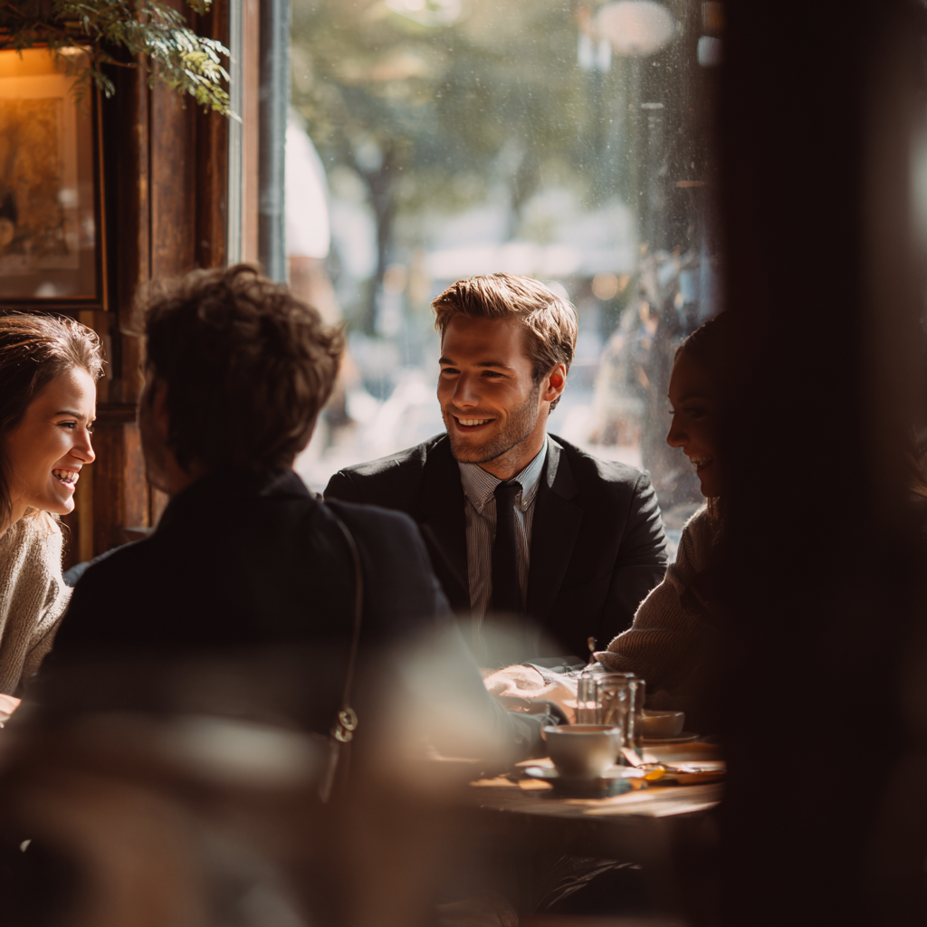 Un groupe d’amis rit ensemble dans un café urbain, ambiance détendue et naturelle, lumière douce, sourires spontanés.
Au centre, un homme en costume, sérieux, immobile, un léger détachement dans le regard.