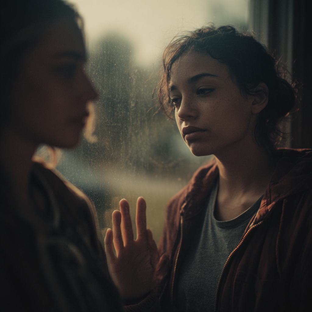 deux amis séparés par une vitre, l’un pose doucement la main contre la fenêtre avec sincérité, l’autre détourne le regard avec indifférence