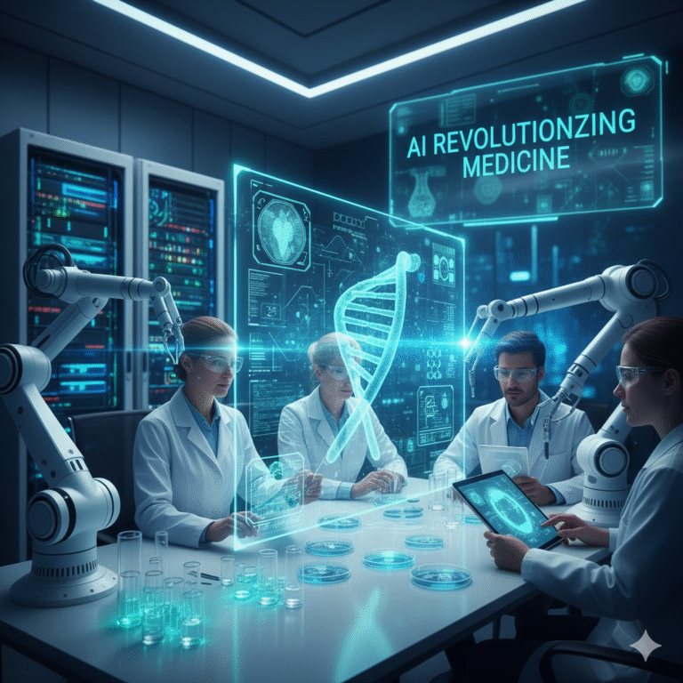 Dans un laboratoire de recherche futuriste, une équipe de scientifiques en blouse blanche collabore autour d'une table, entourée de bras robotisés et d'écrans holographiques. Au centre, une grande projection lumineuse montre une structure d'ADN détaillée, illustrant la génomique. Un panneau numérique en haut à droite affiche le texte 'AI REVOLUTIONIZING MEDICINE'