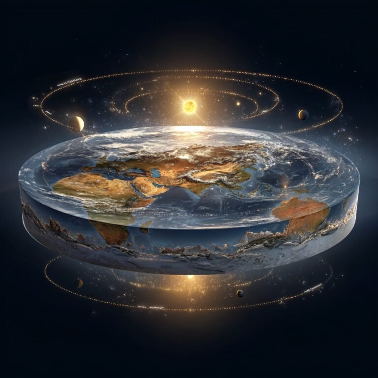 Visualisation artistique de la théorie de la Terre plate — représentation d’un modèle où la planète est perçue comme un disque, avec le Soleil et la Lune en orbite au-dessus de sa surface.